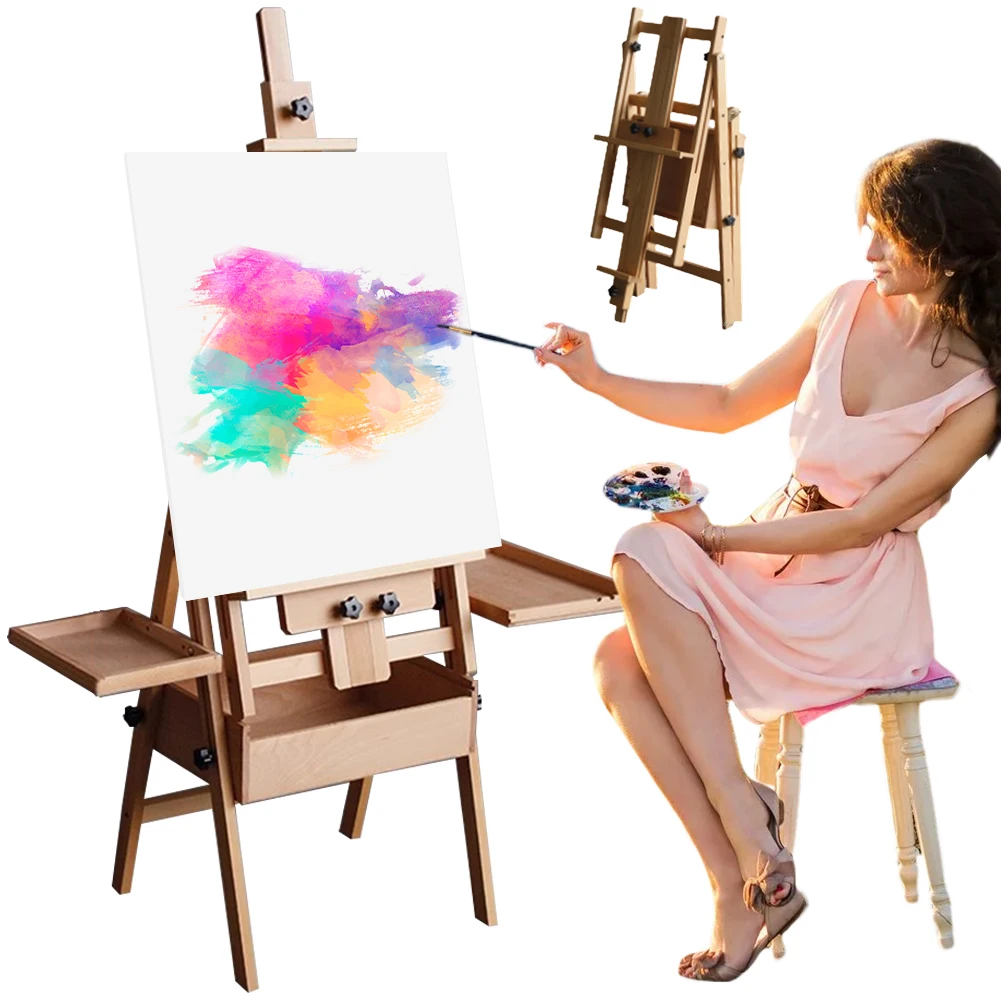 

Beech Foldable Flat Easel with Drawer Tray Oil Painting Stand Foldable Adjustable Easel for Children Sketch Oil Painting