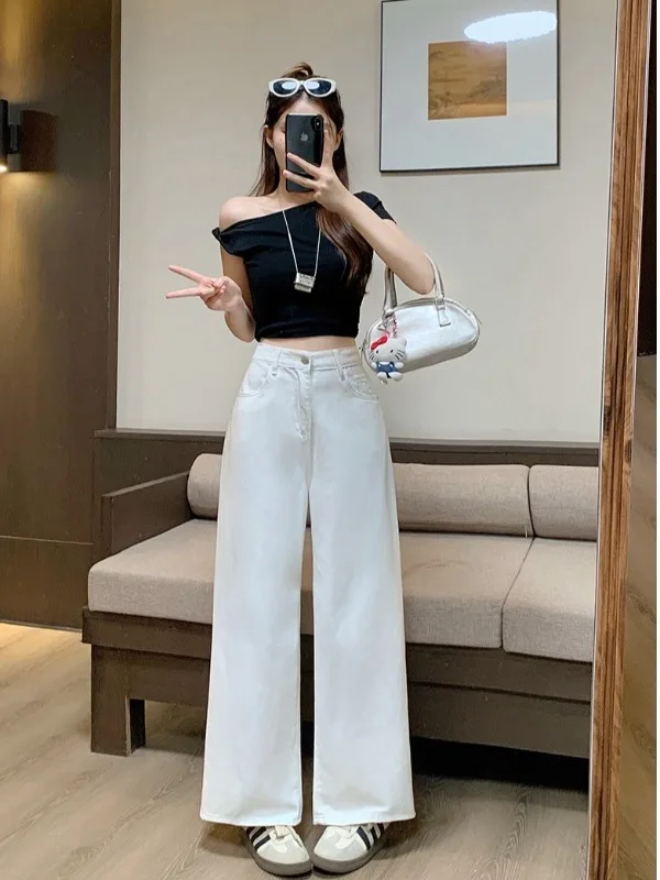 

plus Size Women's Casual Loose Wide Leg Pants High Waist Straight Cut Korean Style Summer New Fashion White Versatile Trousers