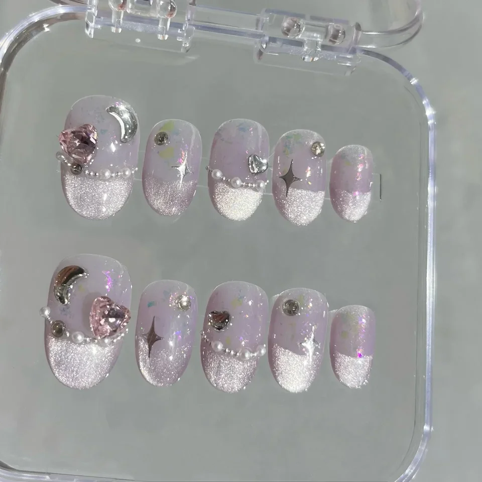 10 uñas postizas hechas a mano, rosadas, de presión, francesas con pedrería, cubierta completa, cuadros, manicura, reutilizables 2