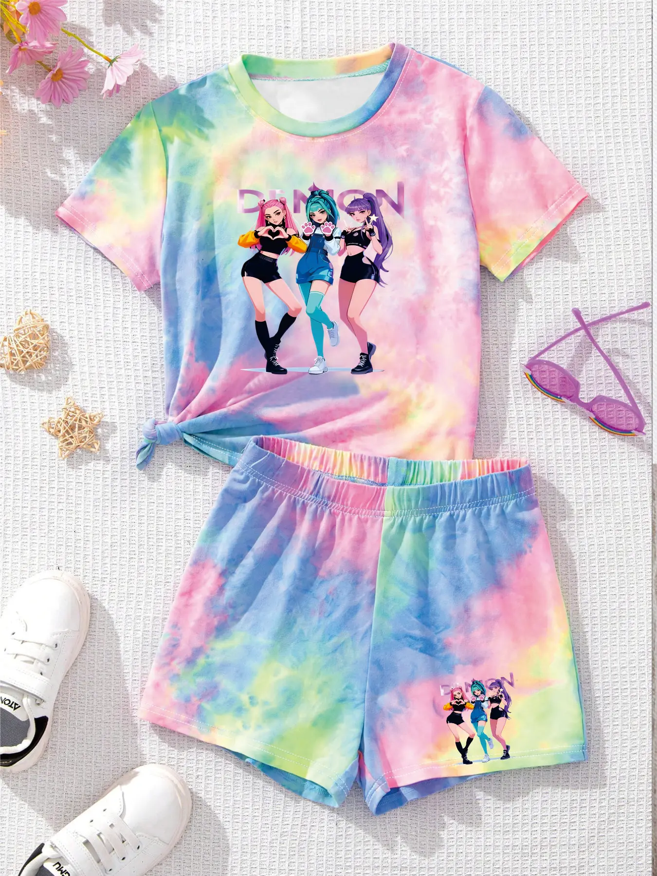 Trendy Tween Girls 2Pcs Tie-Dye Anime Girl Print T-Shirt & Shorts Set Kids Summer Streetwear Casual All-Match Outfit