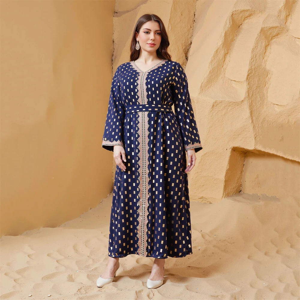 

Loose Robe Muslim Women Casual V-neck Pullover Gown Ramadan Light Luxury Dubai Long Dress Islam Kaftan