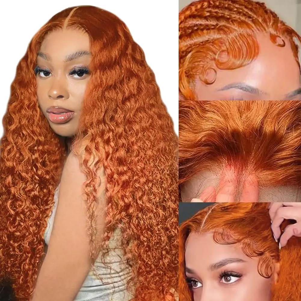 Ginger Orange 13x5 Lace Frontal Wigs Human Hair 350 Deep Wave Lace Wig 180% Water Wave Remy Brazilian Burnt Orange Wig For Women