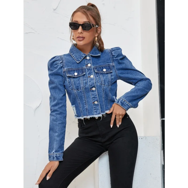 Women Jeans Jacket New  American Vintage Washed Aged Strapless Design Denim Jacket  Niche Design Coat Women Jackets for Women