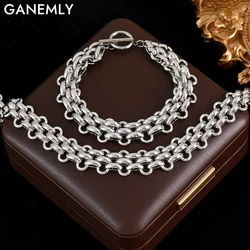 GANEMLY 316L Stainless Steel Thick Cuban Chain Necklace Bracelet Set For Women Men New Punk Waterproof Jewelry Set Gift Bijoux