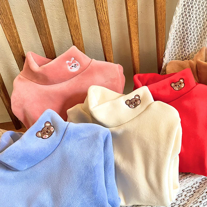 Baby Girls Top Autumn Winter Kids Warm Sweater Children Half Collar Bear Embroidery Bottom Shirt 3-12 Years Casual Clothing