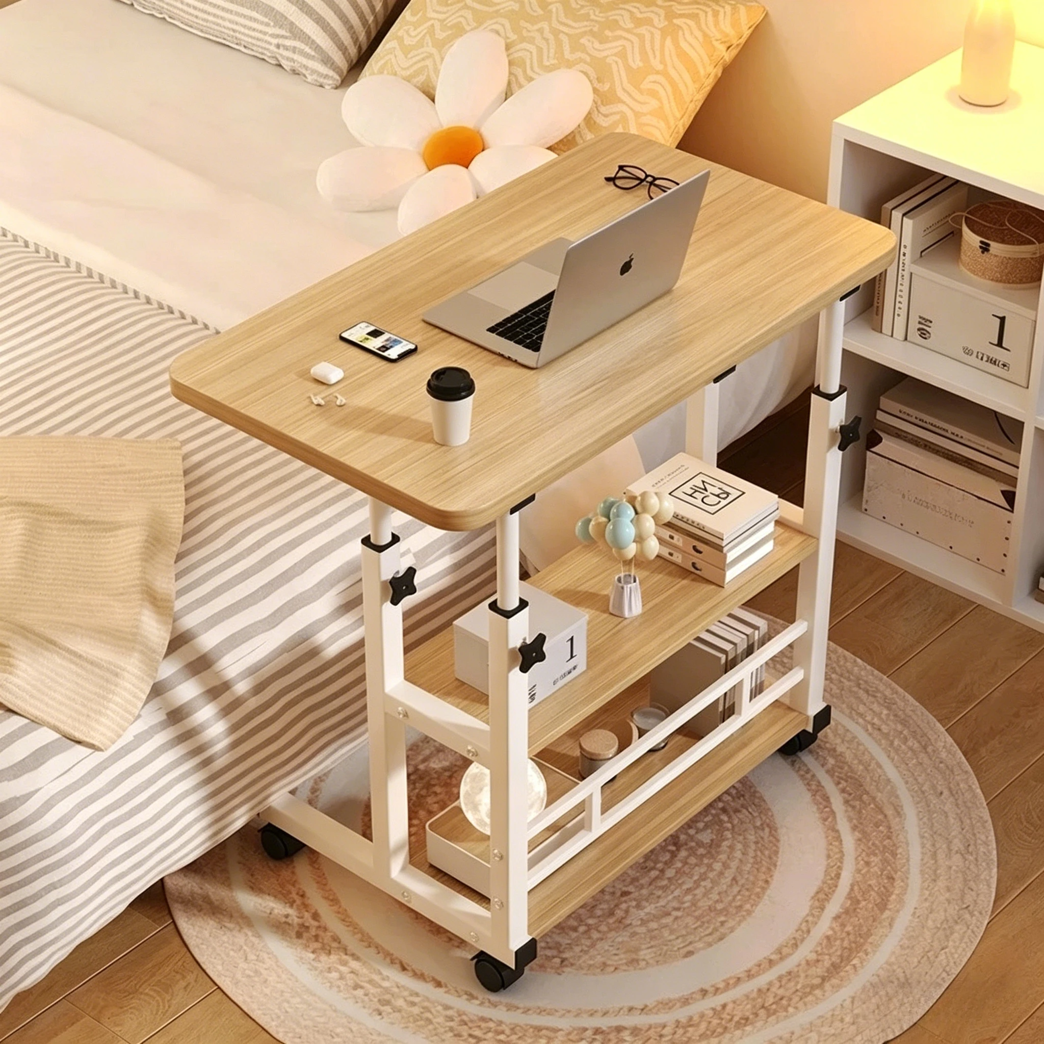 

Overbed Bedside Table with Wheels Adjustable Bed Table Rolling Laptop Table Mobile Computer Desk 2-Tier Couch Table for Sofa