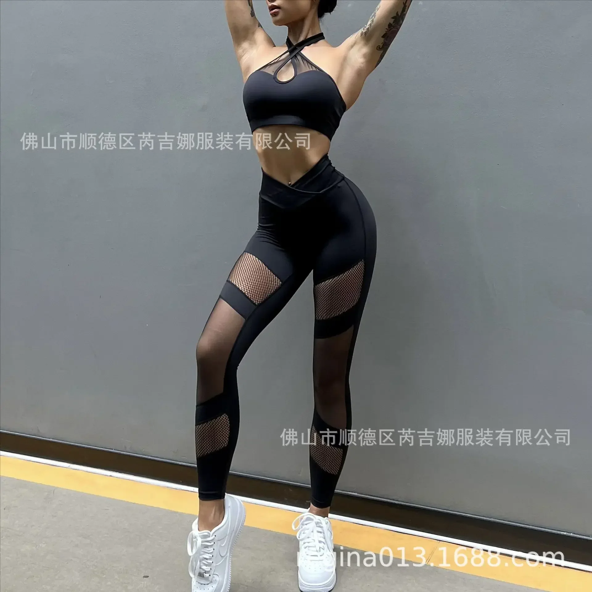 Lightweight Mesh Splici ng Bra Women's Fitne ss Yoga Fishing Net High Waist Leggings Nude Witho ut Embarrassment