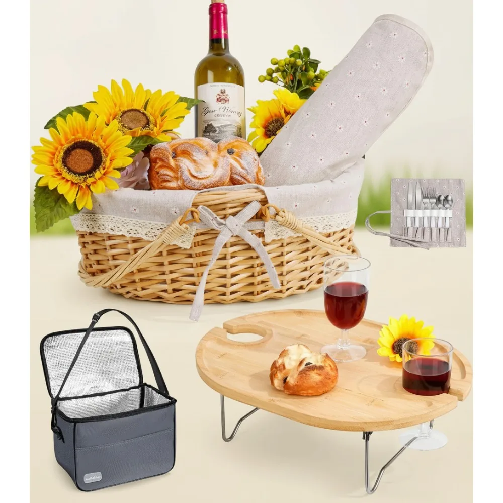 

Romantic Picnic Basket Set for 2 with Folding Table, Insulated Cooler & Waterproof Blanket - Perfect Couples Gift