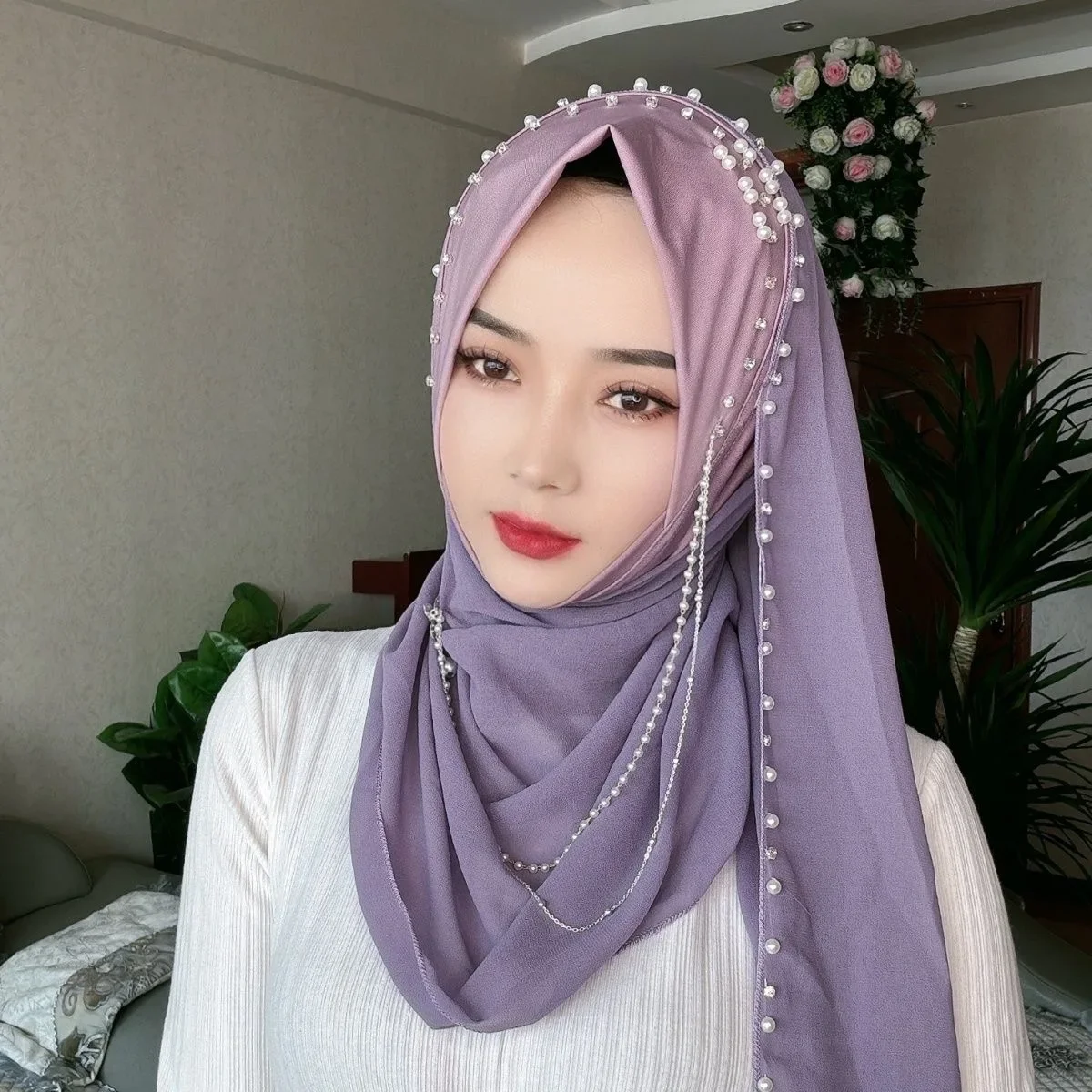 

Мусульманская шляпа, хиджабы для женщин, черно-белый шифон, вечерние шаль Рамадана, платок, роскошный шарф с кисточками, красивые шарфы из бисера