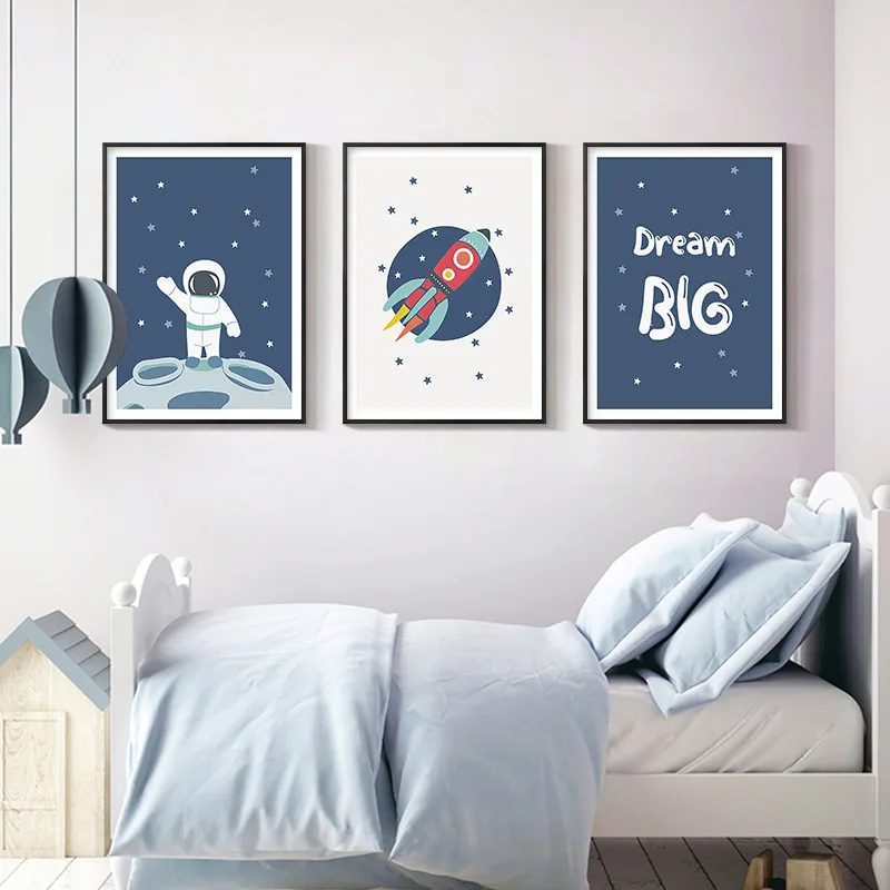 

Modern minimalist boy's room children's room bedroom decoration painting blue astronaut space alphabet and number learning