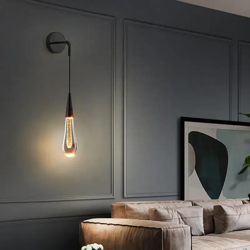 Luces de pared de cristal posmodernas, lámpara de pared Led creativa con gotas de lluvia para restaurante, dormitorio, mesita de noche, apliques de