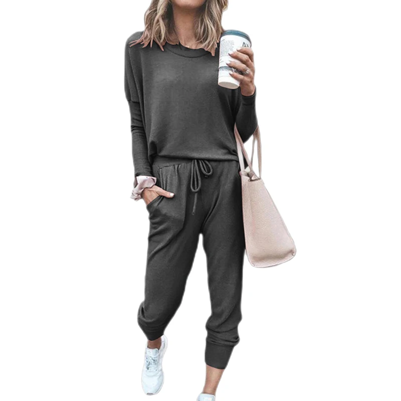 Spring Autumn Sportswear Fashion Women's Casual Pure Color Loose Hoodies Long sleeved Pullover with Sweatpants Two Pieces Set