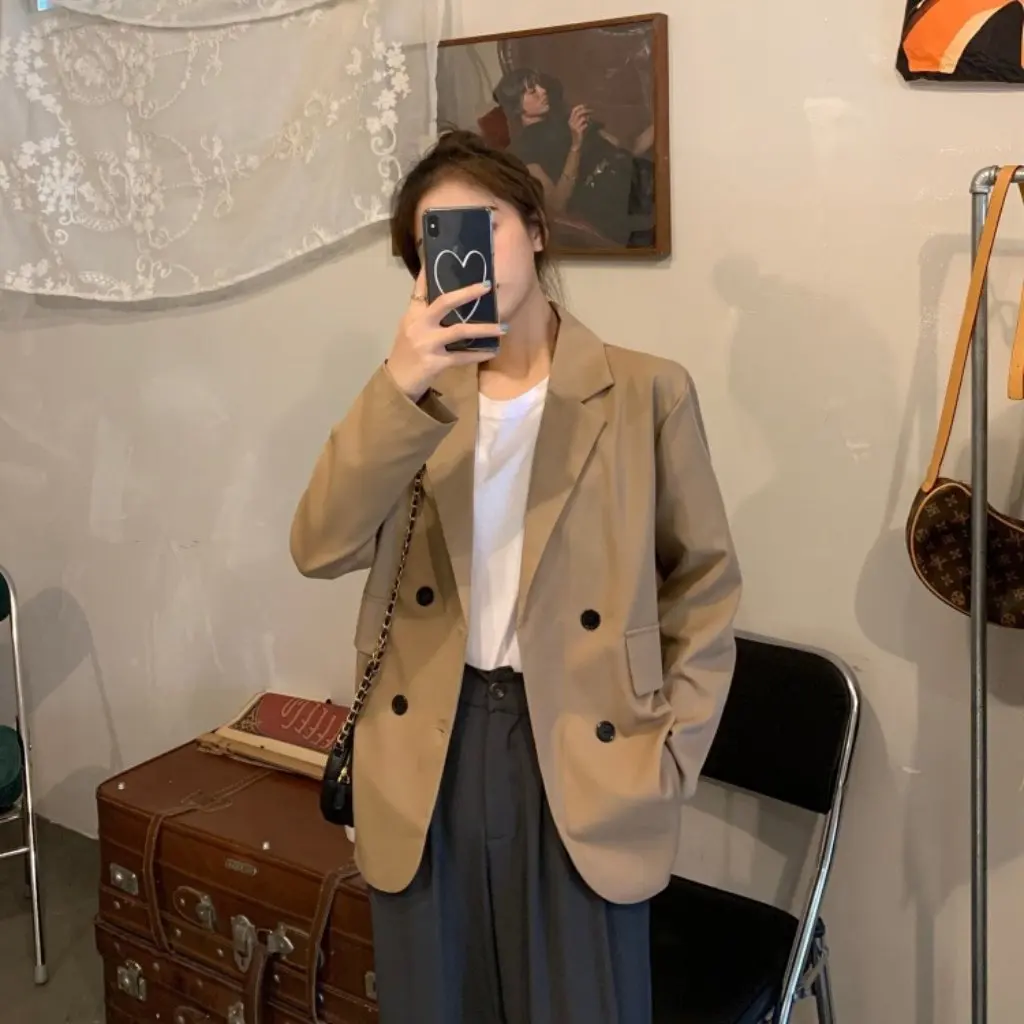 

Women's Black Suit Jacket Korean Style Loose Elegant Long Sleeve Top for Spring Autumn All-match Versatile Fashionable