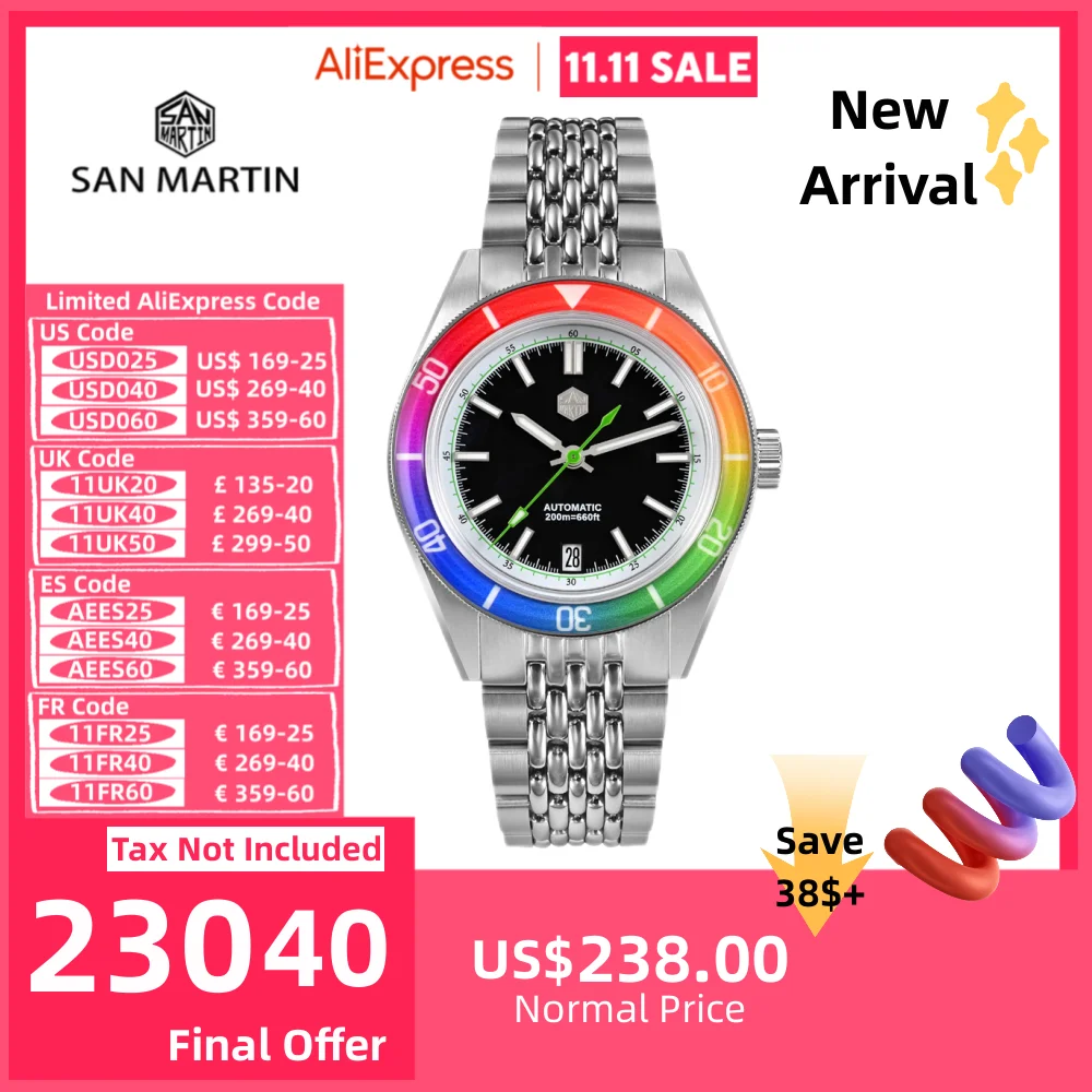 

San Martin 39.5mm Sapphire Rainbow Bezel Summer NH35 Mens Watch Dive 20Bar Automatic Timepiece Luxury 6H Date Relogios SN0116B-1