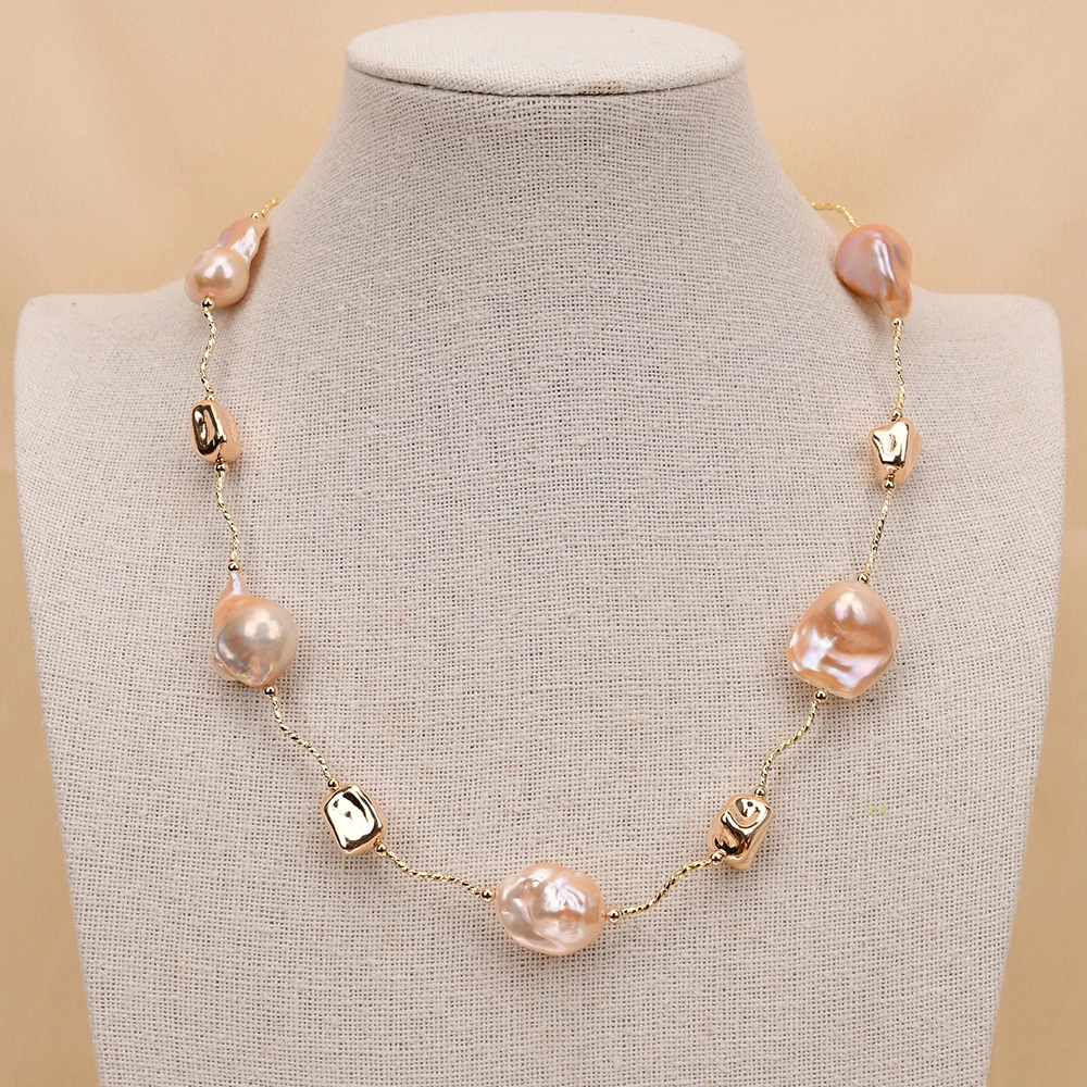 GG 20'' Natural Cultured Pink Baroque Pearl Gold Plated Beads Keshi Pearl Necklace Party Chain Sweater chain For Lady