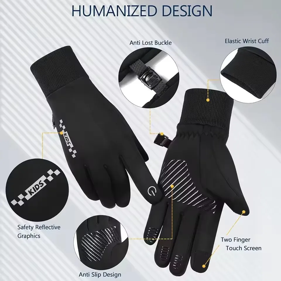 Children's Outdoor Cycling Sports Warm Gloves Unisex Windproof Cold Proof Gloves Winter Touch Screen for Use By 5-14 Years Old