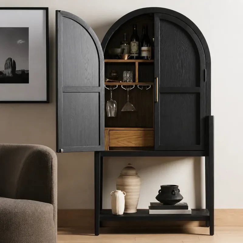 Retro Solid Wood Storage Cabinet Living Room Multi Functional Wine Cabinet Arched High Footed Dining Side Cabinet American