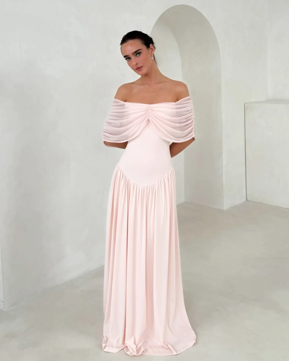 

Customized Pink Sizes Available Simple Chiffon Pleat Ruched A-line Off-the-shoulder Long Dresses Evening Dresses for Woman Sexy
