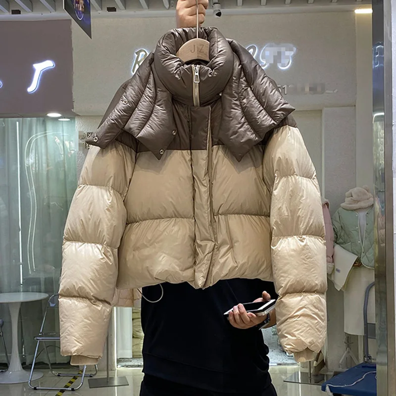 Imagem -05 - Gola à Prova de Vento Fofo Mulher para Baixo Cabolsa Contraste Cor Cortada Puffer Jaquetas 2023 Novo Grosso Quente com Capuz Inverno Parkas