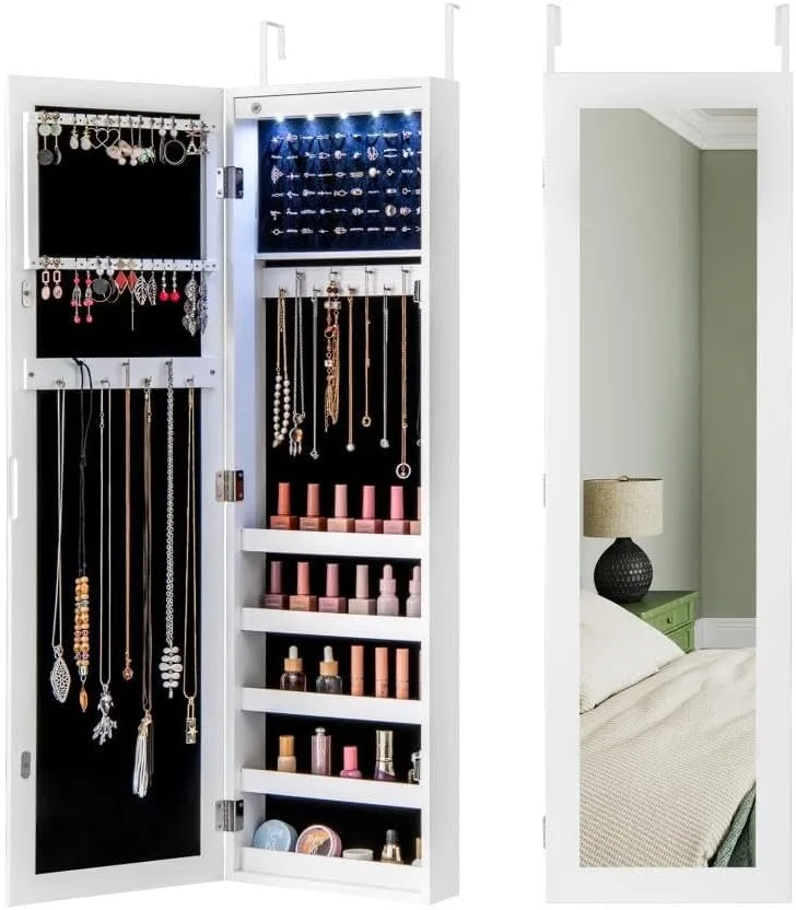 Jewelry Armoire Wall Mounted or Door Hanging, 5 LEDs Jewelry Organizer, Jewelry Cabinet with Full-length Mirror, Ring Slots