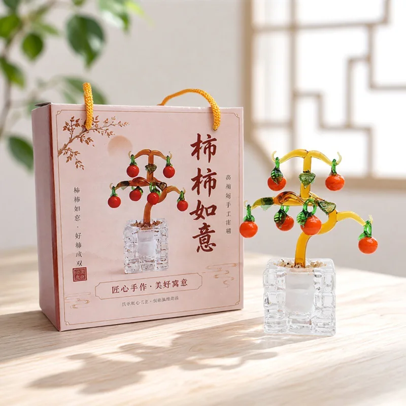 Glazed Persimmon Tree Bonsai Ornament Artificial Potted Figurine Office Desktop Decor Housewarming Opening Holiday Gift