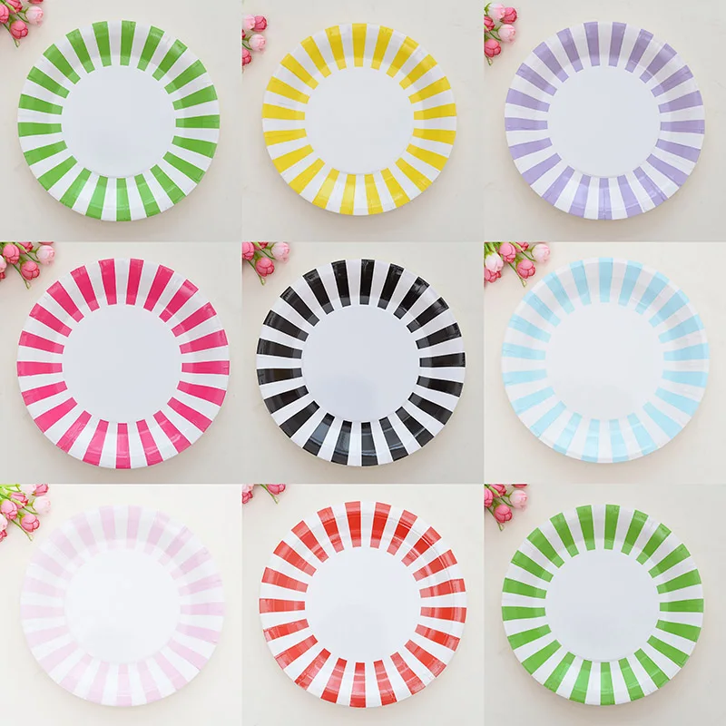 

12pcs 9-inch Colorful Stripe Paper Plates Girls Boys Wedding Birthday Picnic Round Disposable Tray Tableware Set Party Supplies