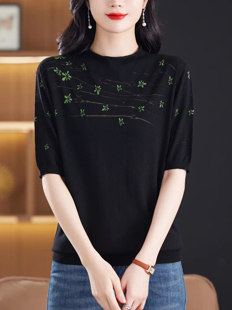 

Hollow Summer Knitted T Shirt Women Sweater Pullovers 2024 Clothes For Women Tees Top Half Sleeve Women's T-shirt