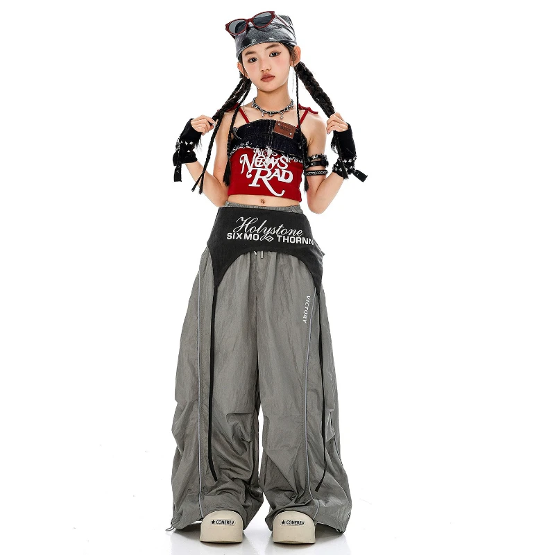 Meninas dança de rua hip hop traje rendas até colheita tanque superior calças soltas desempenho em grupo roupas dança moderna jazz palco outfit