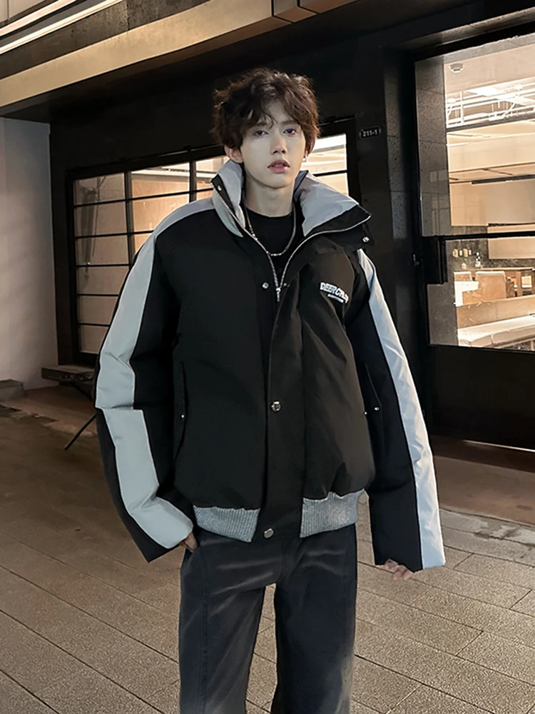 American Color Blo ort Thiened Cotton Jaet Men's Winter Sli Workwear Outerwear Bread Sle Stand Collar Patchwork