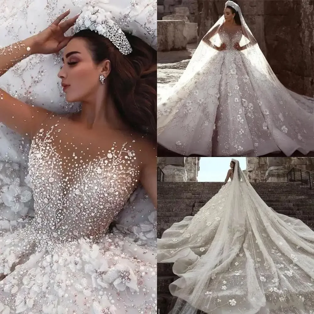 Customized Dubai Arabic New Fashion Lace Ball Gowns Wedding Dresses Long Sleeves 3d Flowers Beading Dress Bridal