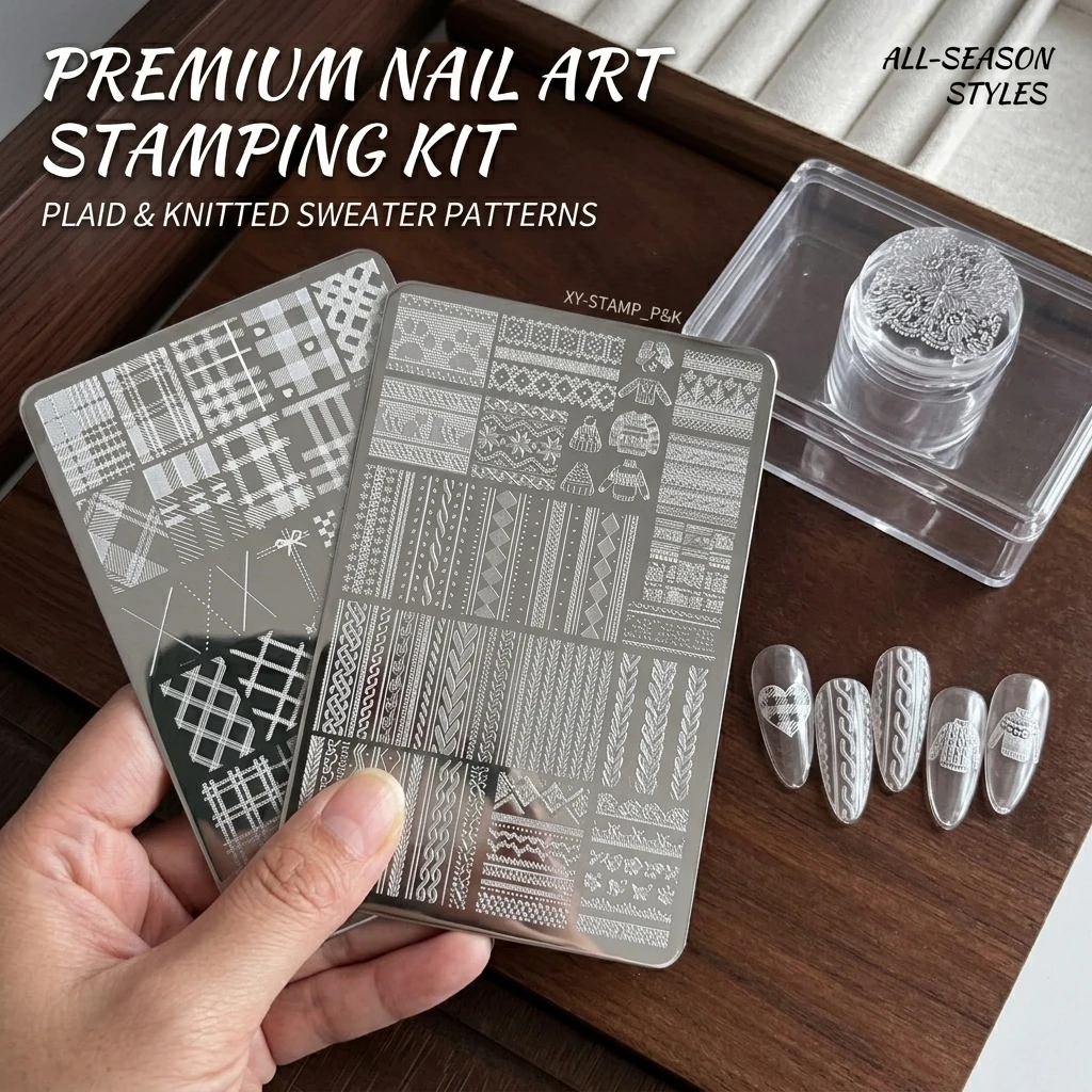 3PCS Nail Stamping Plates Set Plaid Sweater Knitted Lace Flower Patterns Stainless Steel Nail Art Template Image Printing Tools