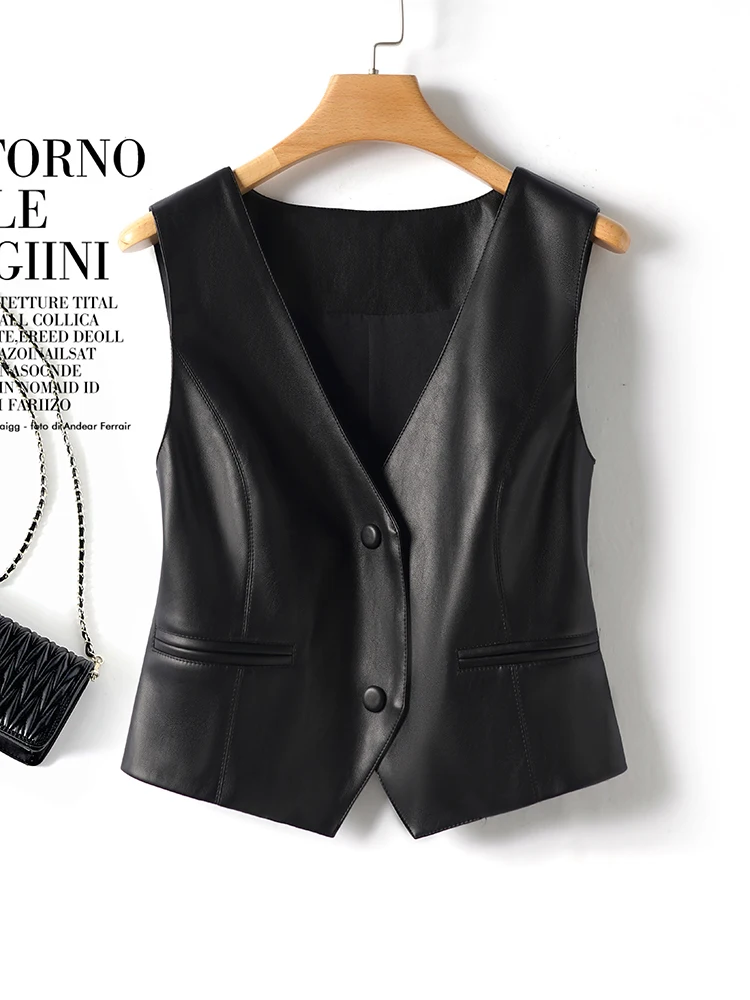 

Ele Bla Жилет из искусственной кожи, женский модный многослойный жилет с верхом и пуговицами, V-Ne, стандартная длина, одна пуговица