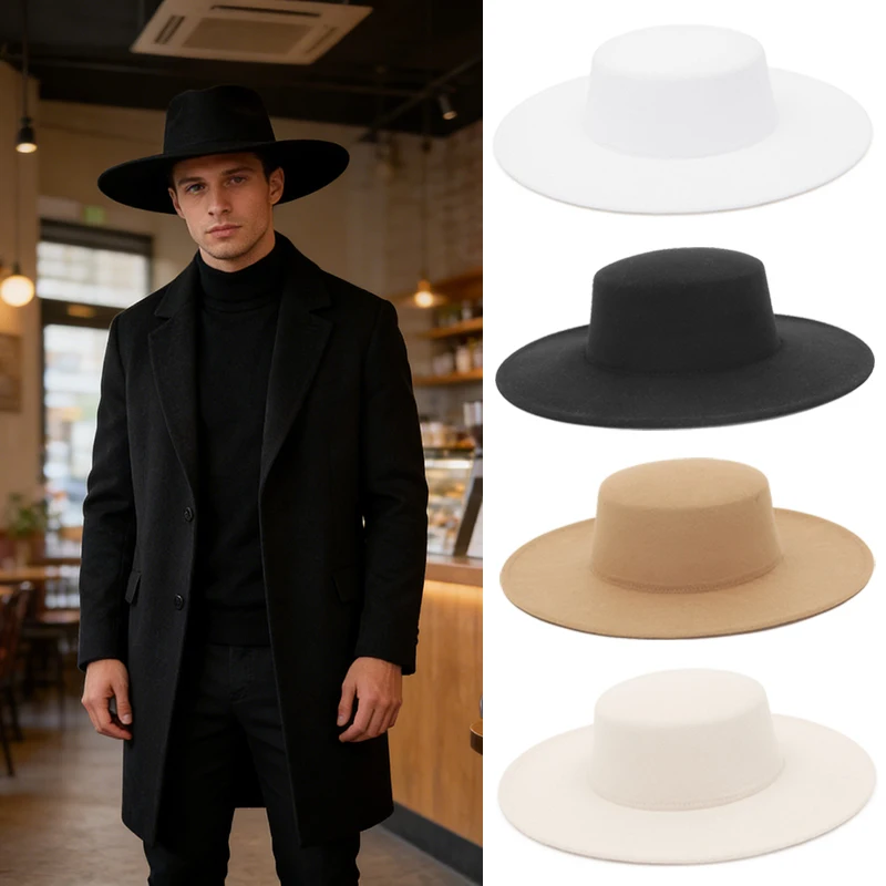 Elegant Women Men Flat Top Wide Brim Fedora Hat Autumn Winter Fedoras Boater Hat Church Panama Hats