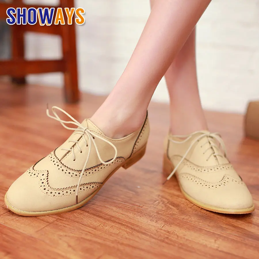 

2022 Vintage Flats Women Oxfords Black Beige PU Round Toe Low Square Heel Brogues Casual Office Party Lace Up Ladies Dress Shoes