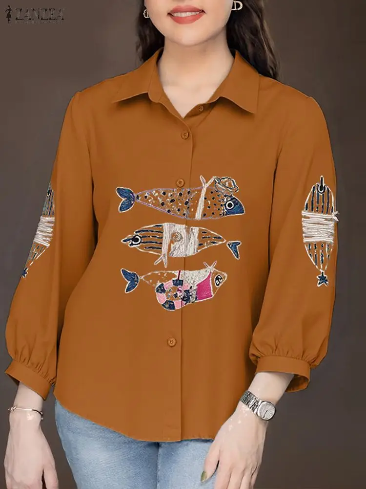 Zanzea mulheres camisas de impressão de peixe lapela 3/4 manga casual solto blusas femininas blusa vintage 2026 moda elegante senhora do escritório blusa