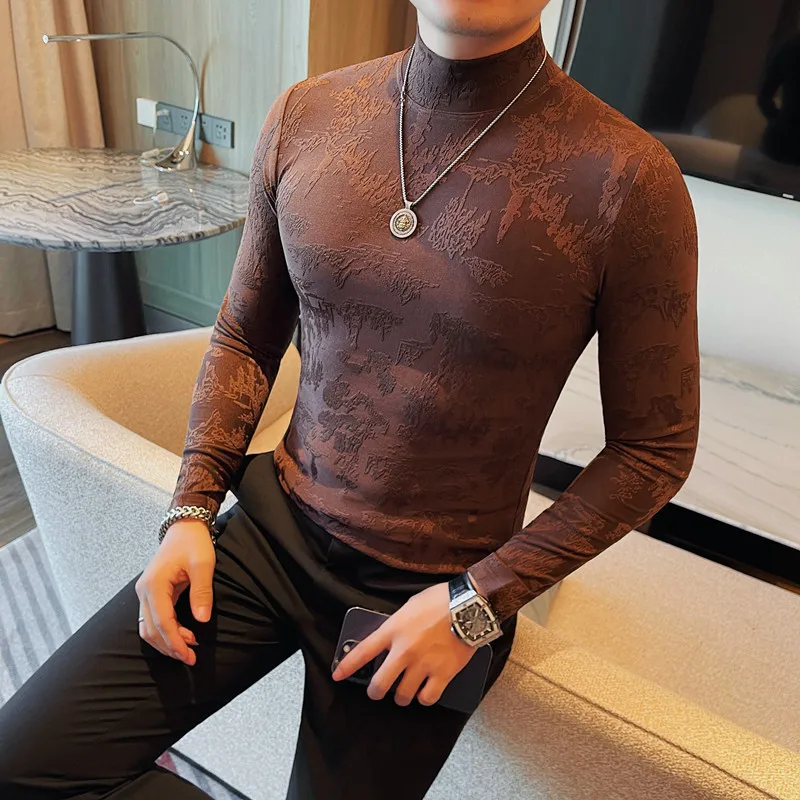 Mens Autumn Winter Landscape Painting Printed Long Sleeved T-Shirts Semi Turtleneck Solid Color Slim Fit Elastic Versatile Tees