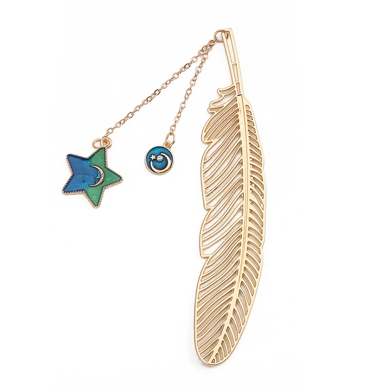 Dreamy Starry Sky Feather Bookmark Metal Pendant Bookmark Cute Stationery Supplies Handheld Account Decoration Pendant