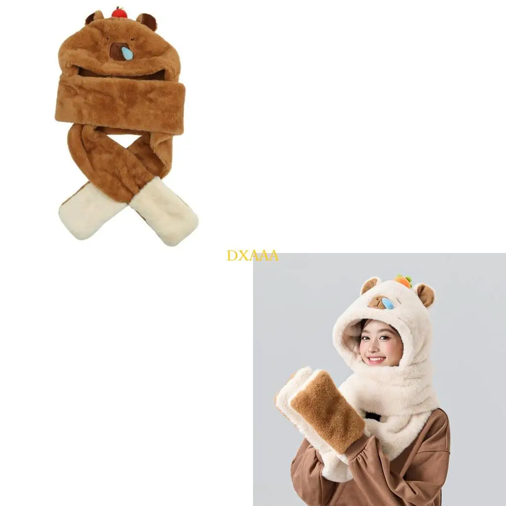 DXAA Übergroße Capybara-Mütze mit Schal und Handschuhen, Skimütze, Kapuze, Cartoon-Foto-Requisiten