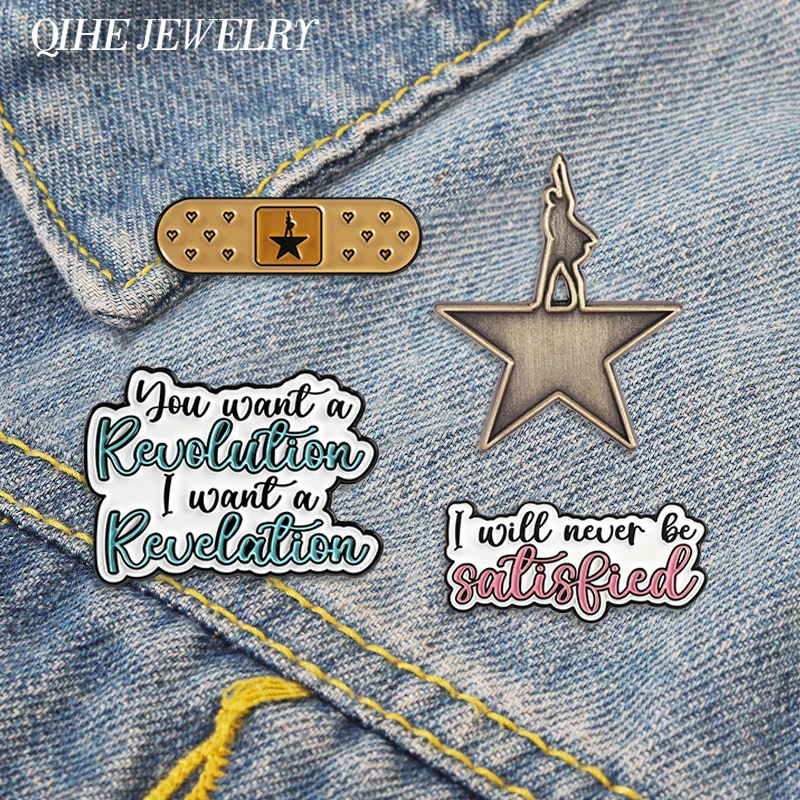 Herz-Pflaster-Stern-Logo-Emaille-Pins, Retro-Musical-Theater-Embleme, „Ich werde nie zufrieden sein“-Broschen, Reversnadeln, Schmuckgeschenk