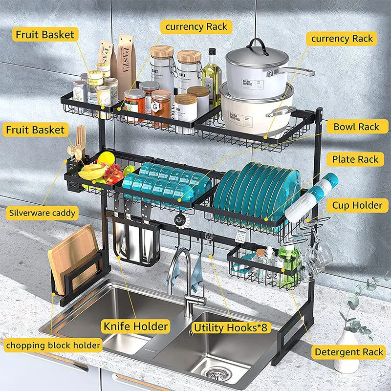 Price discount 3-layer multi-functional metal cabinet sink tray rack drainage drying storage rack