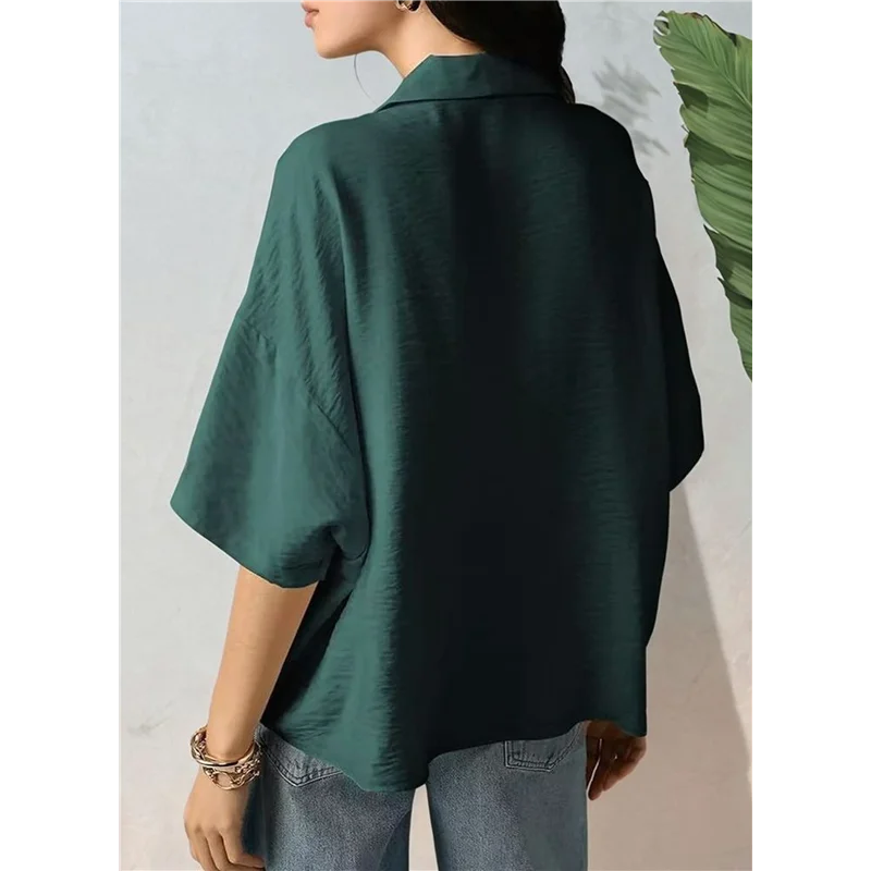 

Women Dressy Casual Blouse Business Short Sleeve Collared Tops Placket V Neck Work Shirt-A55G