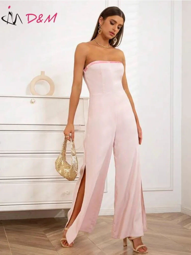 

D&M Brand Women Clothing Traf Pink Split Thigh Tube Jumpsuit Overalls for Women Elegant Women's Social Overalls Jumpsuit