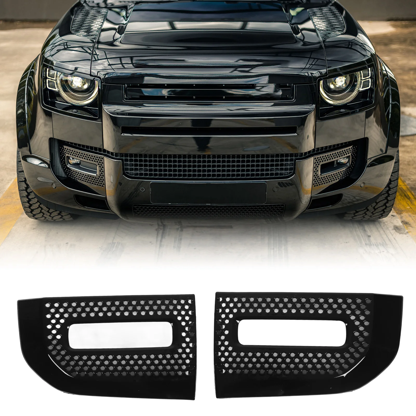 

Gloss Black Fog Light Grille Cover Trim Bezel LR129432 Replacement for Defender 90 110 130 L663 2020 and Up LR129431