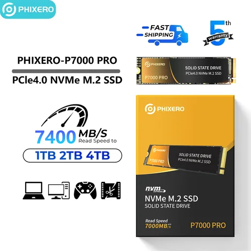 PHIXERO PCIe4.0 M.2 NVMe SSD PS5 게이밍 7000 MB/S 내장 솔리드 스테이트 드라이브 M 키 2280 SSD, 1TB, 2TB, 4TB, P7000 