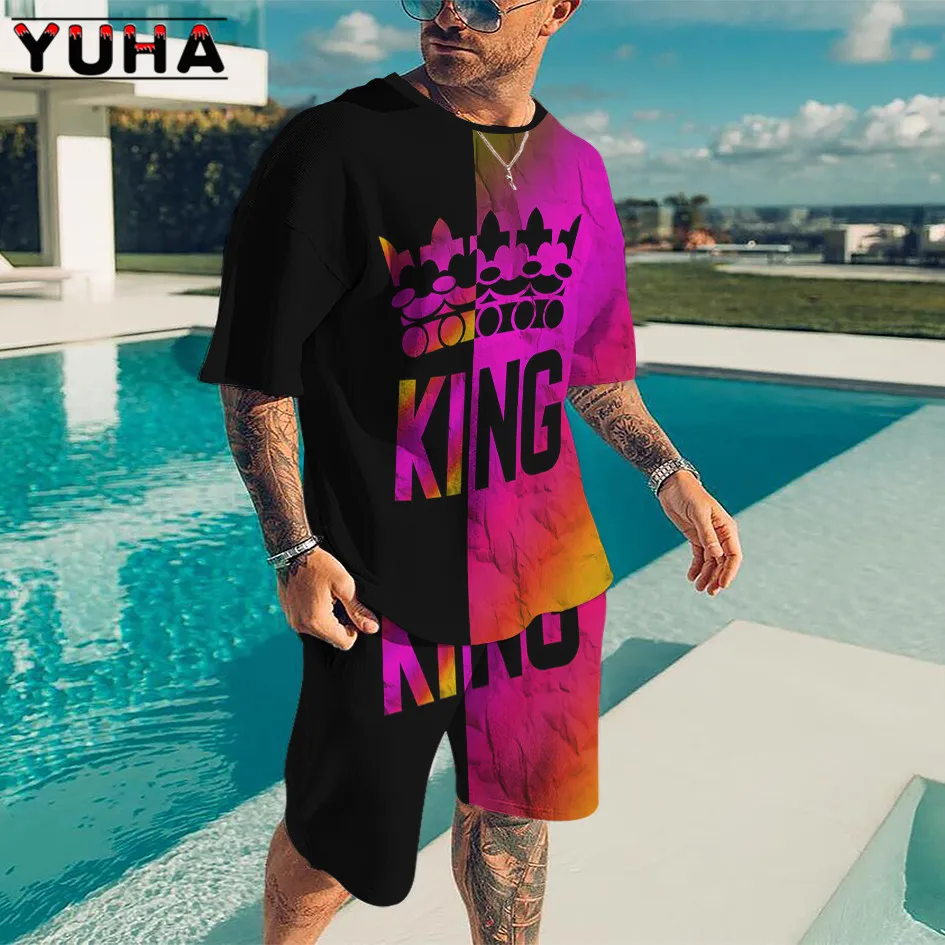 YUHA Funny Summer Men's/Women's Classic 3D Captain World Map Printing Suit Crew Neck Large Size T-shirt +Shorts 2-Piece Set For