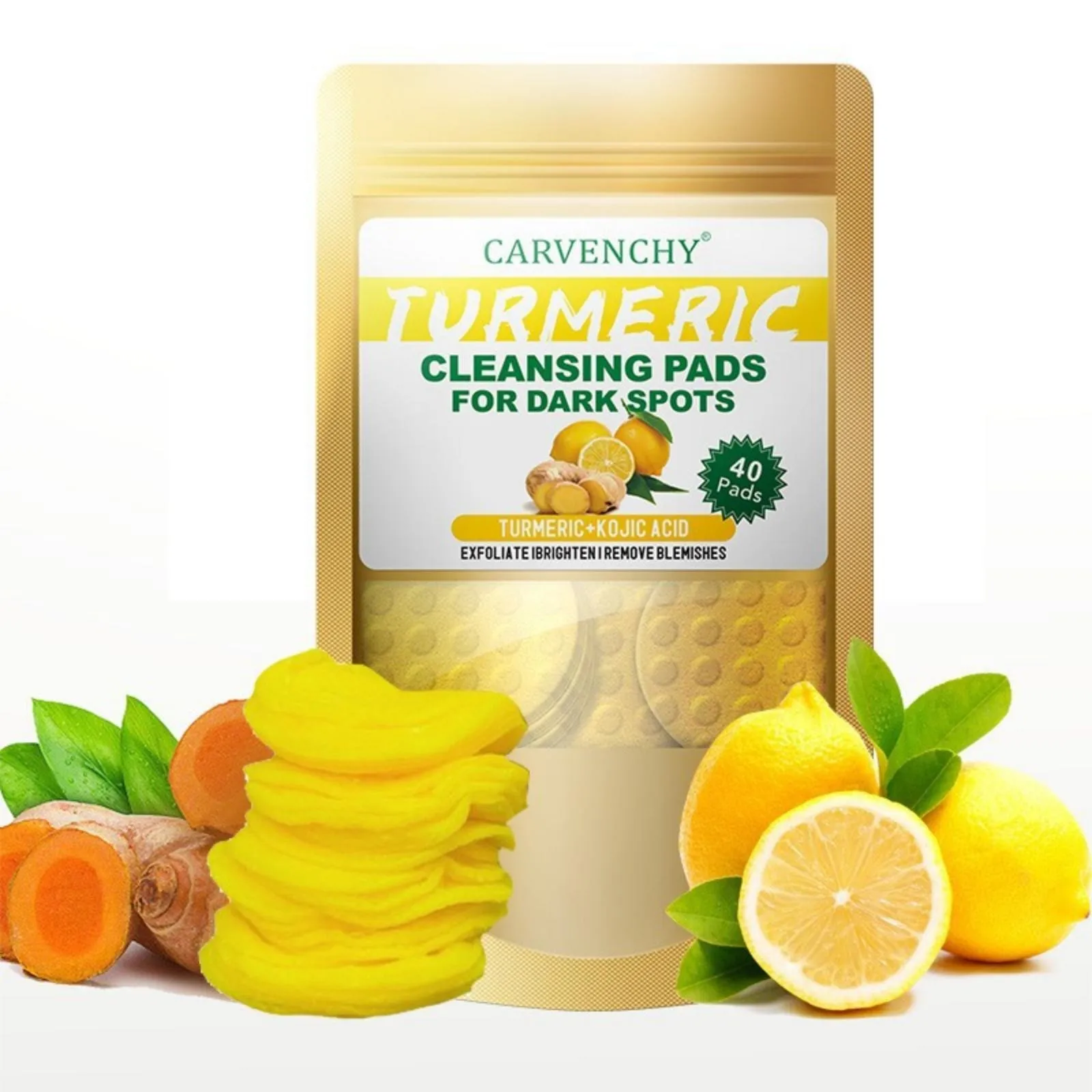 CARVENCHY Kojic Acid And Turmeric Cleansing Pads, 40 Count Turmeric Cleansing Pads for Face