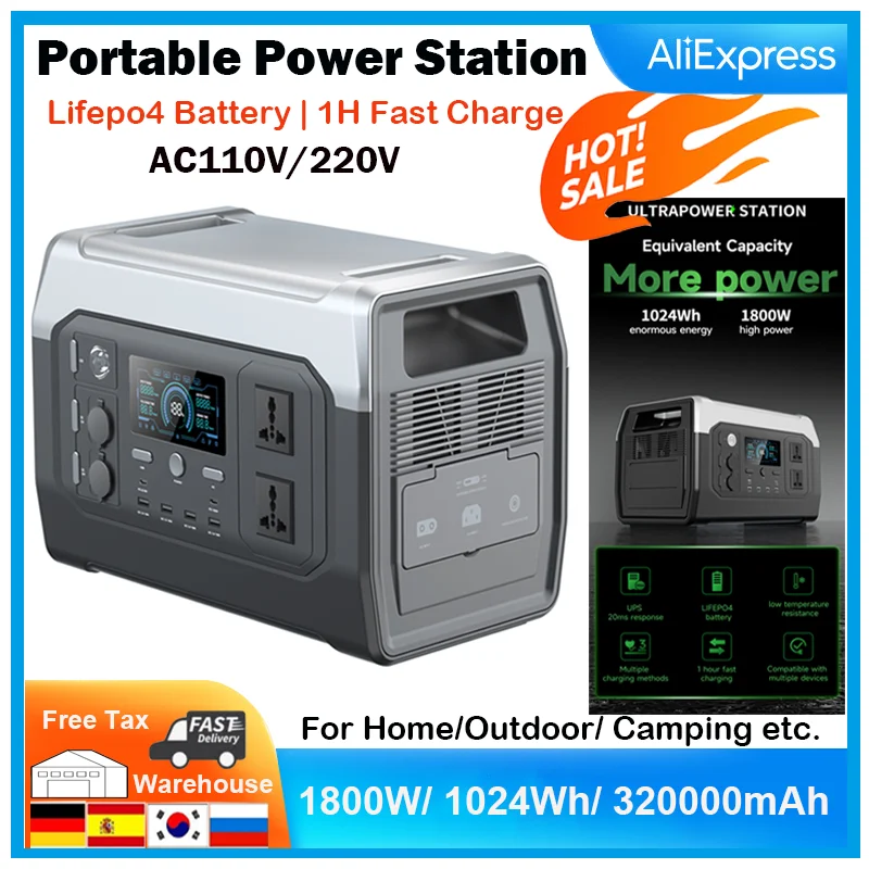 220V1800W 1024Wh Portable Power Station, Charging Stations, For Home and Outdoor Camping, Lifepo4 Battery, Pure Sine Wave