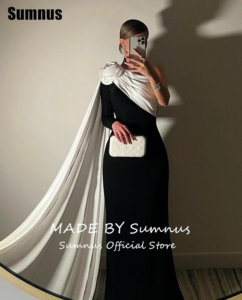 SUMNUS Black And White Mermaid Prom Dress Elegant One Shoulder Party Dresses Floor-Length Formal Gowns With Train Customized