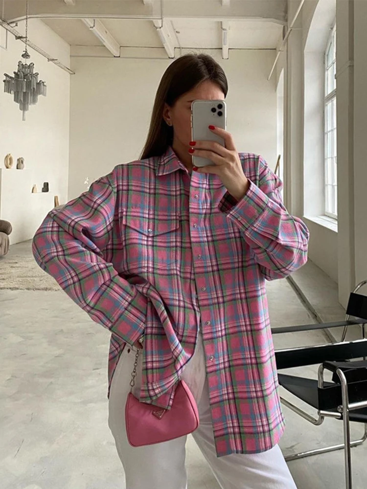 Pink Vintage Plaid Blouses Woman Loose Long Sleeve Shirt Casual Shirt Tops with Pockets 2023 Autumn Winter Women\'s Clothing