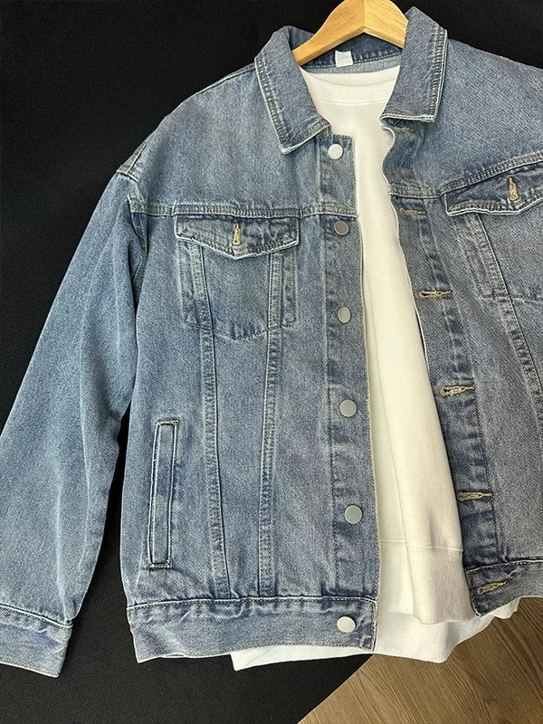 American Retro Men's Denim Jacket Autumn Winter Large Size Faded Trendy Workwear Jacket Fashionable Urban Style Cotton Polyes...